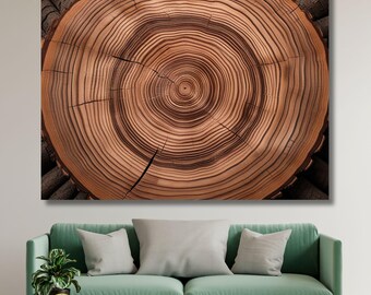 Tree Trunk Cross Section Canvas Wall Art, Wood Slice Print, Tree Rings Annual Ring Art, Rustic Geometric Nature Decor, Minimalist Fine Art