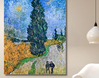 Van Gogh Straße mit Zypresse und Stern Leinwanddruck, Sternennacht Landschaft Druck, Post-Impressionistisches Fine Art Poster Geschenk
