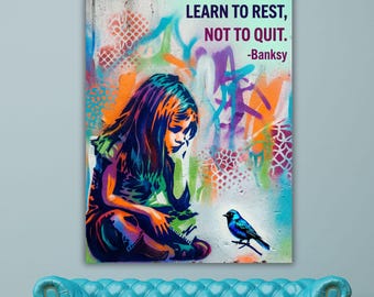 Banksy Girl and Bird Canvas Art, Minimalist Graffiti Wall Decor, Urban Street Art Poster, Modern Stencil Style Print, Meaningful Wall Gift