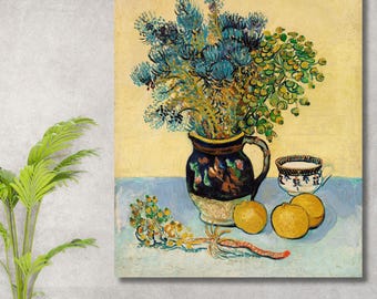 Obraz ścienny na płótnie Van Gogha z majoliki "Polne kwiaty" z martwą naturą, kwiatowy nadruk, postimpresjonistyczny obraz kwiatowy, botaniczny wystrój domu w stylu vintage