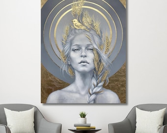 Silver Gold Woman Canvas Wall Art, Abstract Female Portrait Print, Modern Glamour Poster, Metallic Tones Home Decor Statement Gift