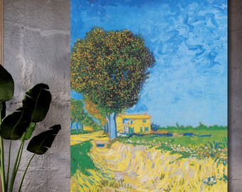 Van Gogh Farmhouse in Provence Canvas Wall Art, Wheat Field Landscape Print, Post-Impressionist Tree Painting, Rustic Home Decor Gift