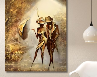 Rainy Street Couple Canvas Wall Art, Gold and Brown Tones Print, Romantic Atmosphere Art, Warm Textured Decor, Street Lamp Love Gift
