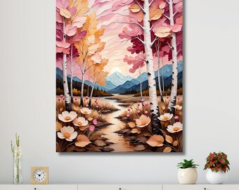 Klimt Style Birch Trees River Canvas Art, Pink Yellow Leaf Print, Gold Tones Mountain Landscape, Art Nouveau Nature Decor Poster Gift