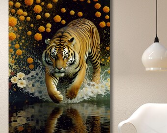 Tiger in Water Canvas Wall Art, Floating Flowers Print, Surreal Wildlife Painting, Unique Animal Nature Home Decor Gift