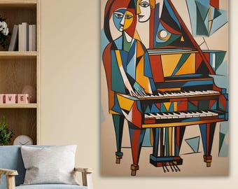 Pianista kubistyczny, wydruk na płótnie, muzyka w stylu Picassa, abstrakcyjny plakat z pianinem, kolorowy prezent do domu z jazzem