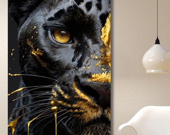 Black Panther Gold Splash Canvas Wall Art, Abstract Animal Print, Golden Splatter Wildlife Painting, Modern Luxury Decor Statement Gift