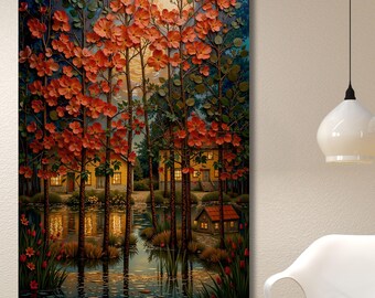 Klimt Style Flowering Trees and Pond Canvas Wall Art, Gold Tones Landscape Print, Art Nouveau Nature Scene, Decorative Fine Art Poster Gift