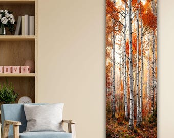 Vertical Autumn Birch Forest Canvas Art, Tall Narrow Fall Trees Wall Decor, Orange Leaf Nature Landscape Print, Rustic Woodland Home Decor