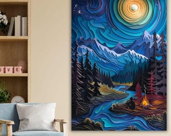 Van Gogh Style Starry Night Canvas Art, 3D Papercraft Mountain Camp Wall Decor, Celestial Nature Painting, Unique Adventure Gift, Room Decor