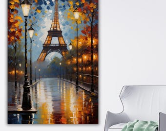 Wieża Eiffla w Paryżu, wydruk na płótnie, kolorowa dekoracja ścienna w deszczową noc, plakat miejski w stylu Afremova, romantyczny prezent do domu we Francji