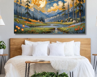 Lienzo decorativo de bosque y luna, lámina de paisaje nocturno místico, pintura boho de naturaleza, decoración para el hogar con temática de bosque a la luz de la luna