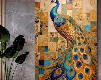 Klimt Style Peacock Canvas Wall Art, Blue and Gold Mosaic Print, Art Nouveau Bird Decor, Luxurious Statement Piece Fine Art Gift