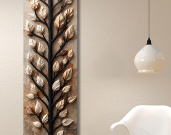 Long Narrow Abstract Tree Branch Canvas Wall Art, Leafy Branch Print, Vertical Nature Art, Minimalist Botanical Decor, Modern Slim Poster