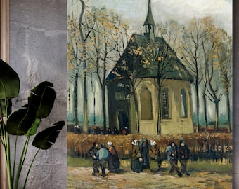 Van Gogh Congregation Leaving Church Canvas Wall Art, Nuenen Village Scene Print, Historical Dutch Art, Vintage Religious Fine Art Decor