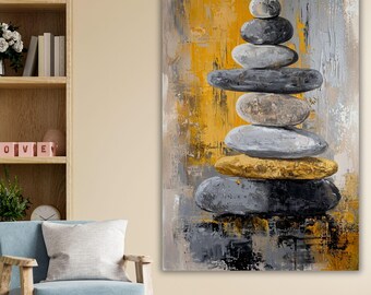 Zen Balance Stones Leinwanddruck, Gold Graue abstrakte Wandkunst, Gestapeltes Rock Meditation Poster, modernes ruhiges Wohnkultur Geschenk