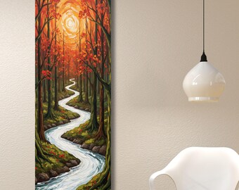 Vertical Autumn River Canvas Wall Art, Fall Forest Stream Print, Curvy Creek Landscape, Vibrant Seasonal Nature Decor, Rustic Home Gift