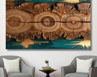 Tree Trunk Cross Section Canvas Wall Art, Wood Slice Print, Tree Rings Annual Ring Art, Rustic Geometric Nature Decor, Minimalist Fine Art
