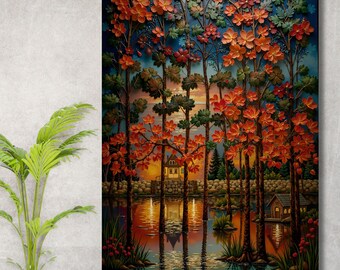 Klimt Stil Blühende Bäume und Teich Leinwand Wandkunst, Goldtöne Landschaftsdruck, Jugendstil Naturszene, Dekoratives Fine Art Poster Geschenk