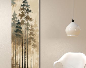 Obraz ścienny na płótnie „Mglisty las”, pionowy leśny krajobraz, mglista scena z drzewami, spokojna dekoracja natury, długi, wąski plakat bez ramki na prezent