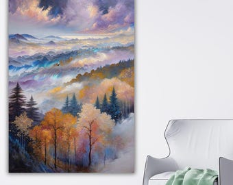 Ethereal Mountain Landscape Oil Painting, Misty Autumn Forest Canvas Art, Dreamy Pastel Sky Wall Decor, Large Colorful Nature Painting Print