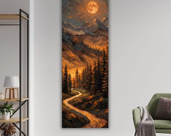 Textured Gold Moon Canvas Art, Impasto Mountain Wall Decor, Pine Forest Night Landscape Painting Print, Vertical Large Cozy Cabin Gift