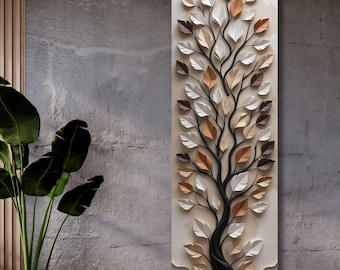 Long Narrow Abstract Tree Branch Canvas Wall Art, Leafy Branch Print, Vertical Nature Art, Minimalist Botanical Decor, Modern Slim Poster