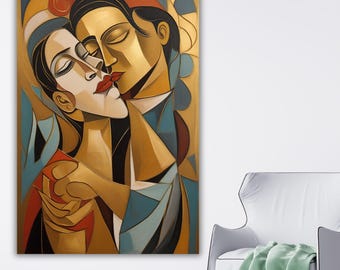 Kubistyczna para, wydruk na płótnie, abstrakcyjna sztuka ścienna z motywem miłości, plakat z pocałunkiem w stylu Picassa, romantyczny prezent do domu w kolorze złotym i niebieskim