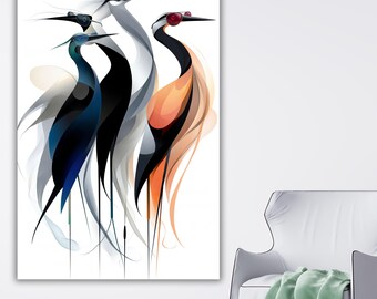 Abstrakter Kranich Vögel Leinwanddruck, Moderne Elegante Reiher Wandkunst, Minimalistisches Vogel Poster, Schwarz Weiß Natur Wohnkultur Geschenk