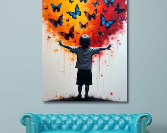 Banksy Butterfly Boy Canvas Art, Graffiti Street Art Print, Modern Urban Wall Decor, Stencil Style Statement Gift, Boy with Wings Art