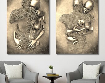 3D Romantic Embrace Canvas Wall Art, Couple Statue Print, Metal Figure Sculpture Poster, Love Heart Kiss Abstract Art, Valentine Gift