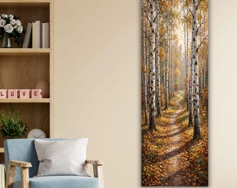 Vertical Autumn Birch Forest Path Canvas Art, Tall Narrow Fall Trees Wall Decor, Golden Leaf Woodland Landscape Print, Rustic Home Decor