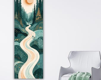 Vertical Forest River Canvas Art, Boho Nature Wall Decor, Tall Narrow Landscape Print, Modern Pine Trees and Crescent Moon Illustration