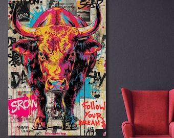 Banksy Style Stier Leinwand Wandkunst, Graffiti Street Kunstdruck, Abstraktes Urbanes Tier Decor, Pop Art Schablone