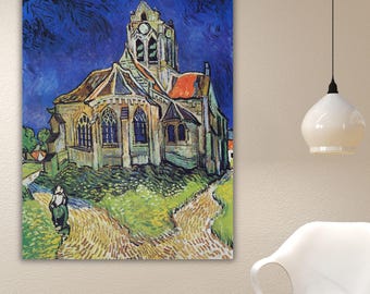 Vincent van Gogh The Church at Auvers Canvas Art, Famous Masterpiece Wall Decor, Post-Impressionist Landscape Print, Large Blue Home Decor