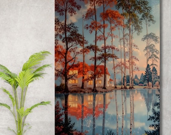 Klimt Stil Blühende Bäume und Teich Leinwand Wandkunst, Goldtöne Landschaftsdruck, Jugendstil Naturszene, Dekoratives Fine Art Poster Geschenk