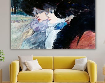 Henry Somm Three Women in Profile Canvas Art, Belle Epoque Vintage Wall Decor, French Fashion Illustration Print, Antique Portrait Painting