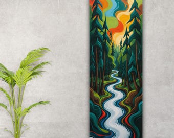 Vertical Forest River Canvas Art, Tall Narrow Nature Wall Decor, Vibrant Winding Stream Print, Modern Pine Trees Woodland Landscape Decor