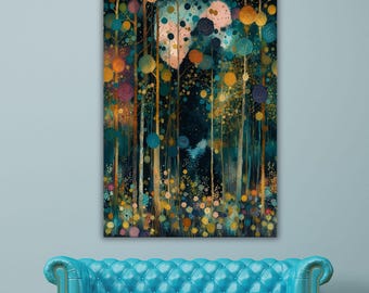 Obraz na płótnie z motywem lasu w stylu Klimta, sztuka ścienna z mrocznym zaczarowanym drewnem, plakat ze złotą kręgową nocną ścieżką, turkusowa, magiczna, naturalna dekoracja domu