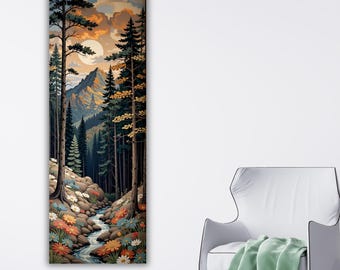 Full Moon Forest Vertical Art, Large Narrow Mountain River Canvas Print, Modern Nature Wall Decor, Colorful Woodland Landscape Home Gift