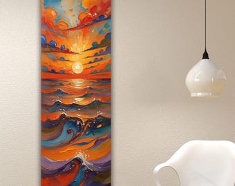 Ocean Sunset Long Narrow Canvas Print, Colorful Wave Wall Art, Abstract Sea Landscape Poster, Orange Blue Coastal Home Decor Gift