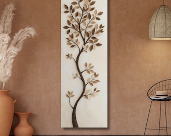 Long Narrow Abstract Tree Branch Canvas Wall Art, Leafy Branch Print, Vertical Nature Art, Minimalist Botanical Decor, Modern Slim Poster