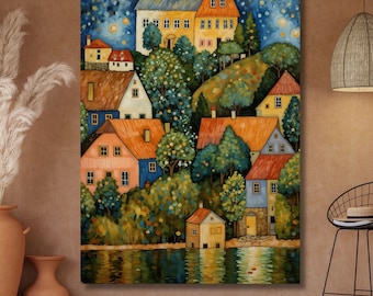 Klimt Style Night Village Canvas Wall Art, Starry Night Print, Gold Tones Landscape, Art Nouveau Town Scene, Decorative Fine Art Poster Gift