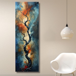May include: Vertical abstract art print featuring a dark, winding tree against a backdrop of swirling blues, oranges, and yellows. The artwork has a textured appearance, with visible brushstrokes. The tree's branches reach upwards, creating a striking contrast against the colorful background.