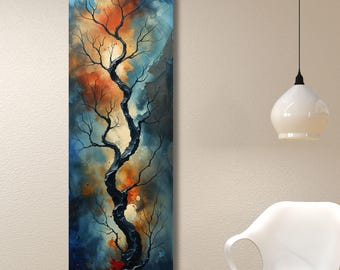 Długi, wąski, abstrakcyjny obraz na płótnie z motywem drzewa, pionowy minimalistyczny nadruk o tematyce przyrodniczej, nowoczesny, neutralny element dekoracyjny, prezent do przedpokoju w stylu rustykalnym