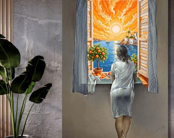 Salvador Dalí Young Woman at a Window Canvas Wall Art, Coastal View Print, Realistic Surrealism Painting, Blue Tones Home Decor