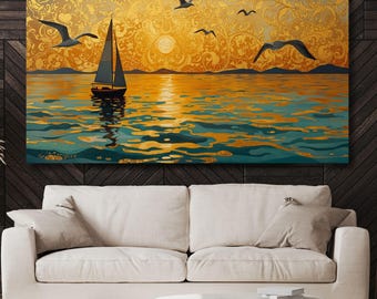 Klimt Style Sunset Canvas Wall Art, Art Nouveau Seascape Decor, Gold Mosaic Ocean Horizon, Golden Hour Beach Painting, Modern Luxury Gift