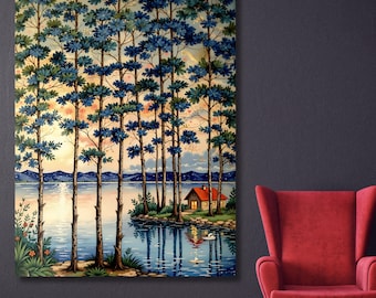 Klimt Style Lake House Wald Leinwand Wandkunst, Goldtöne Landschaftsdruck, Jugendstil Natur Cabin Decor, Fine Art Poster Geschenk