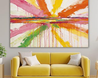 Kolorowy abstrakcyjny wydruk na płótnie, odważna sztuka ścienna z farbą kropelkową, plakat w stylu nowoczesnego ekspresjonizmu, żywy różowo-pomarańczowy wystrój domu