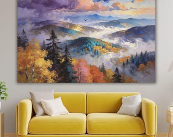 Magical Mountain Fog Oil Painting Print, Colorful Autumn Forest Wall Decor, Ethereal Nature Landscape Canvas, Modern Fine Art Home Gift